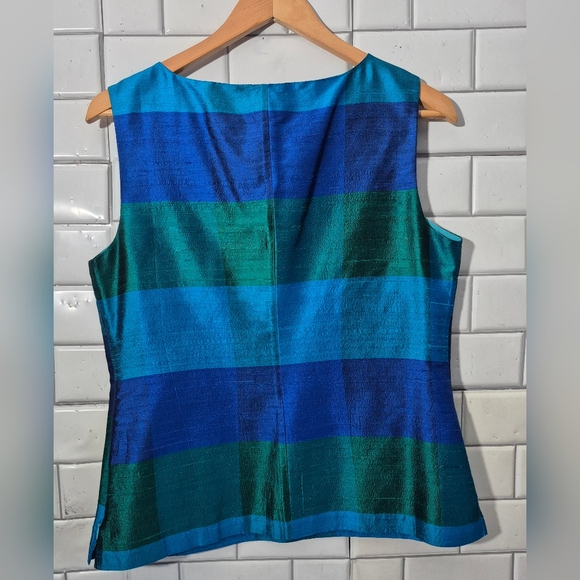 Talbots Ladies 100% Silk Sleeveless Blouse Side Zip Blue Green Wide Stripe Patte - Picture 2 of 4